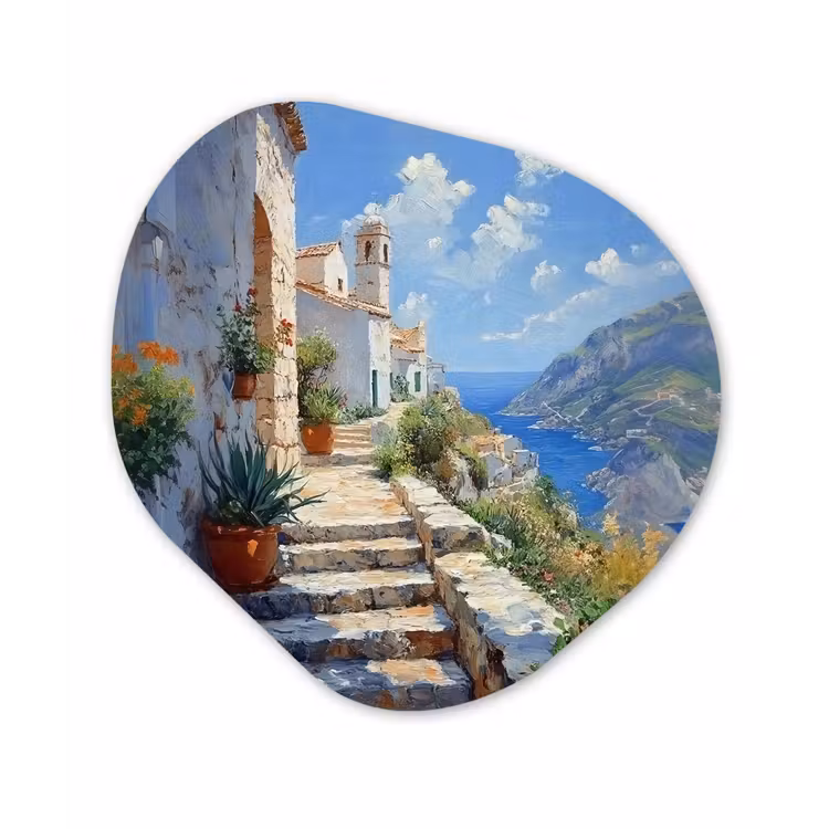 Organisch schilderij - Forex - Trap - Huizen - Berglandschap - Zee — 1