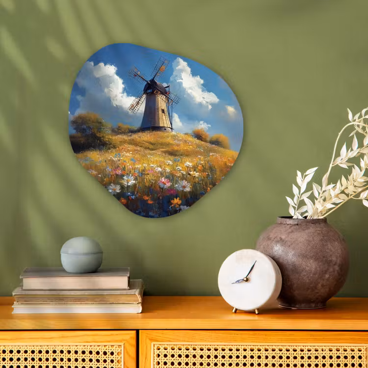 Organisch schilderij - Forex - Windmolen - Heuvel - Bloemen - Kleurrijk — 2
