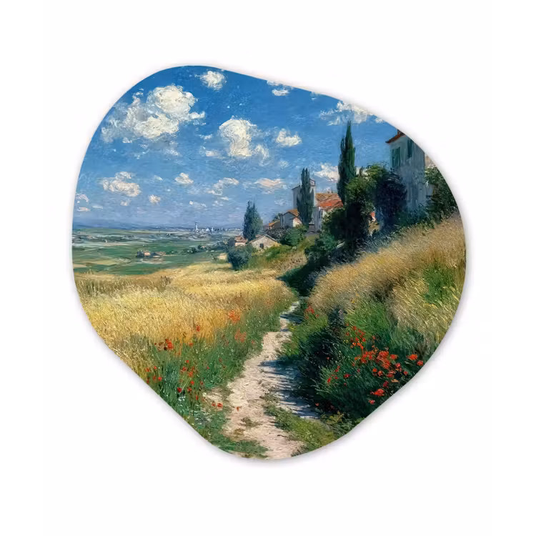 Organisch schilderij - Forex - Zandpad - Huis - Bomen - Grasveld — 1