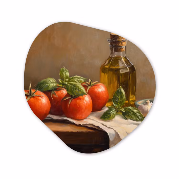 Organisch schilderij - Forex - Tomaten - Olijfolie - Stilleven — 1