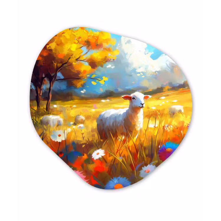 Organisch schilderij - Forex - Schaap - Weide - Bloemen — 1