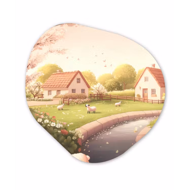 Organisch schilderij - Forex - Schapen - Huisje - Platteland — 1