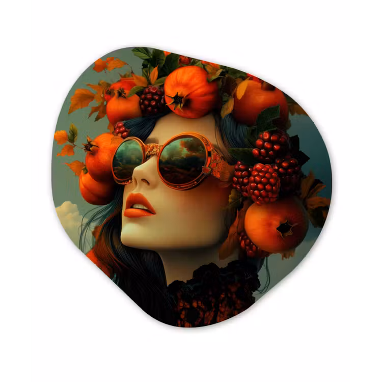 Organisch schilderij - Forex - Vrouw - Granaatappel - Herfst - Zonnebril — 1