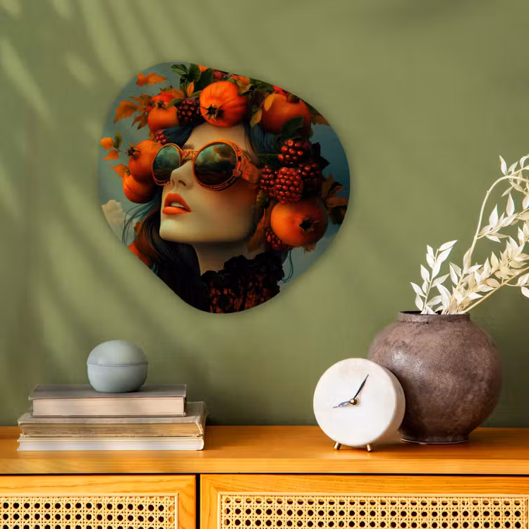 Organisch schilderij - Forex - Vrouw - Granaatappel - Herfst - Zonnebril — 2