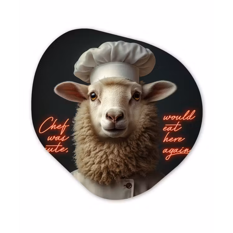 Organisch schilderij - Forex - Schaap - Kokskleding - Neon - Quote — 1