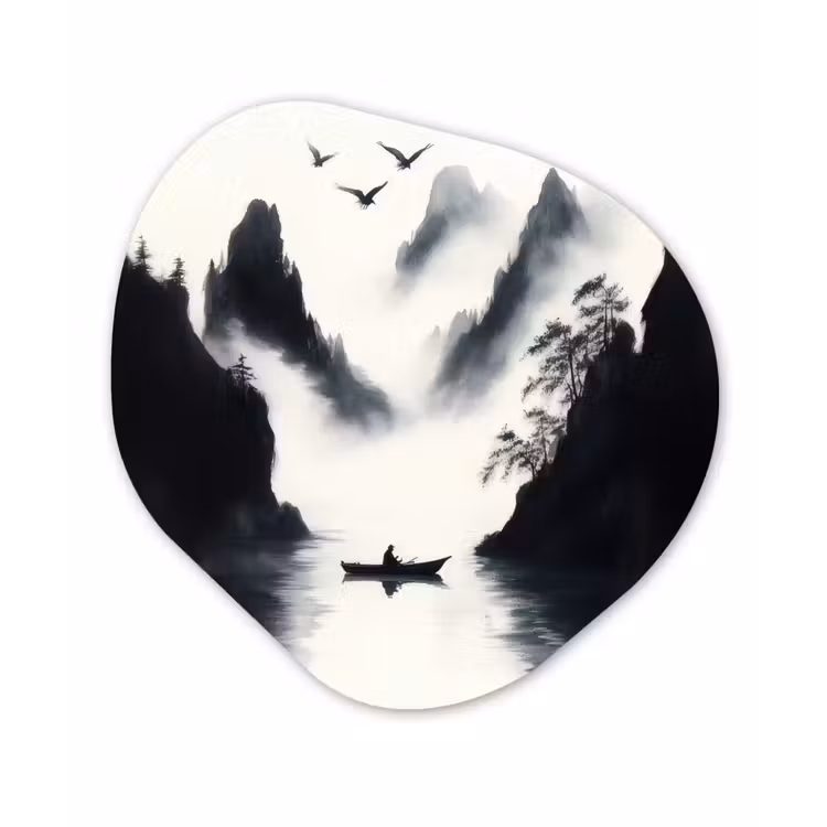 Organisch schilderij - Forex - Roeiboot - Mistig - Bergen - Vogels — 1