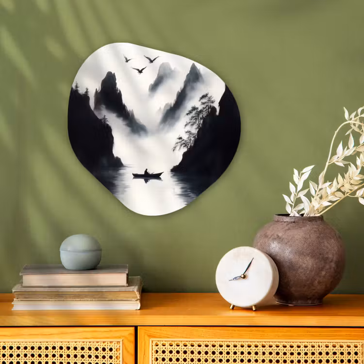 Organisch schilderij - Forex - Roeiboot - Mistig - Bergen - Vogels — 2