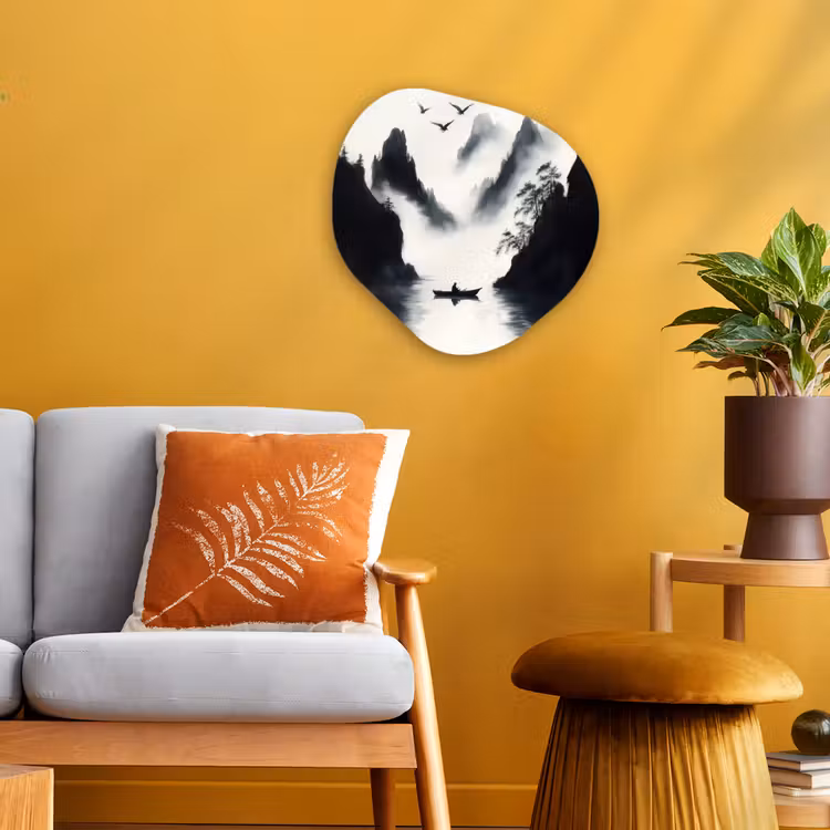 Organisch schilderij - Forex - Roeiboot - Mistig - Bergen - Vogels — 3
