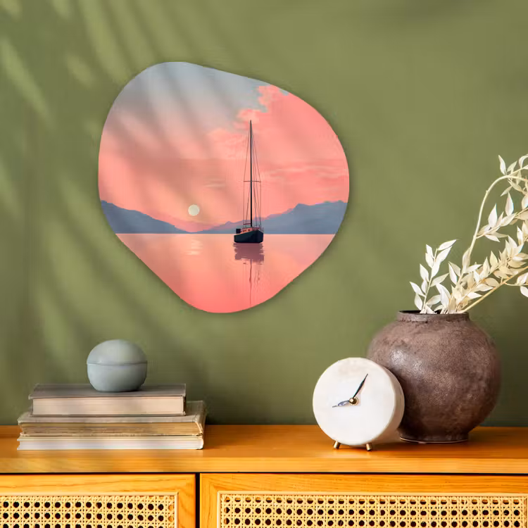 Organisch schilderij - Forex - Zeilboot - Roze zee - Zonsondergang - Bergen — 2