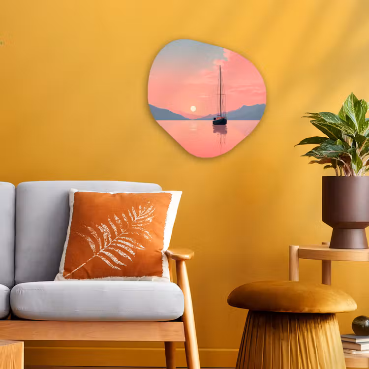 Organisch schilderij - Forex - Zeilboot - Roze zee - Zonsondergang - Bergen — 3