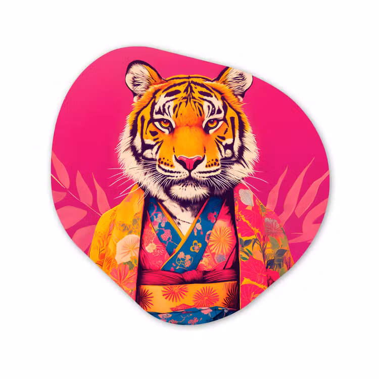 Organisch schilderij - Forex - Tijger - Kimono - Planten - Roze — 1