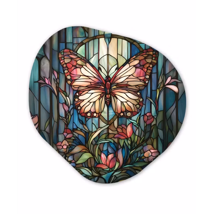 Organisch schilderij - Forex - Vlinder - Roze - Bloemen - Bladeren — 1