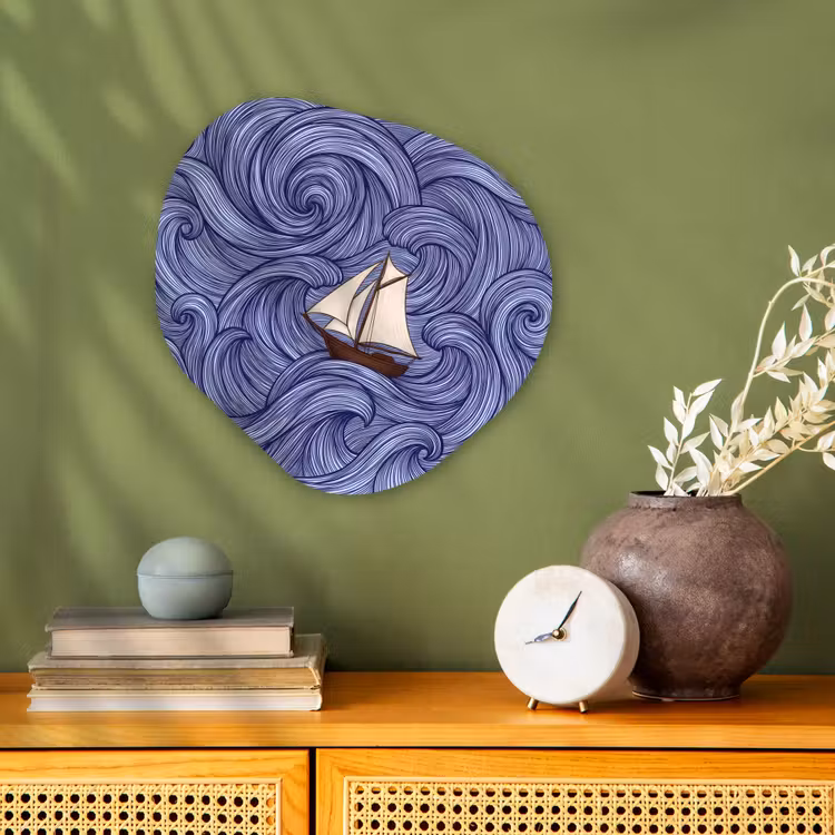 Organisch schilderij - Forex - Schip - Golven - Zee - Illustratie - Blauw — 2