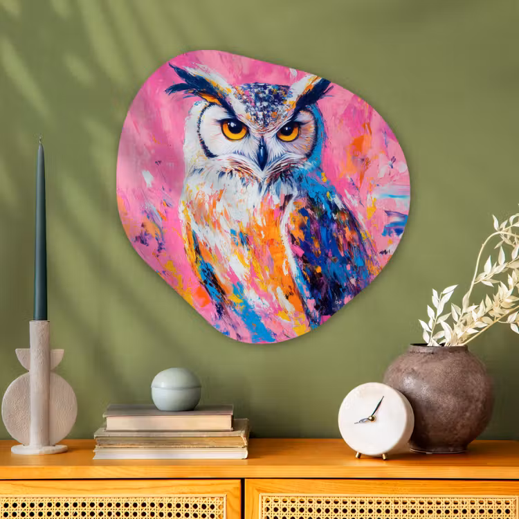 Organisch schilderij - Glas - Uil - Roze - Blauw - Verf - Abstract — 2