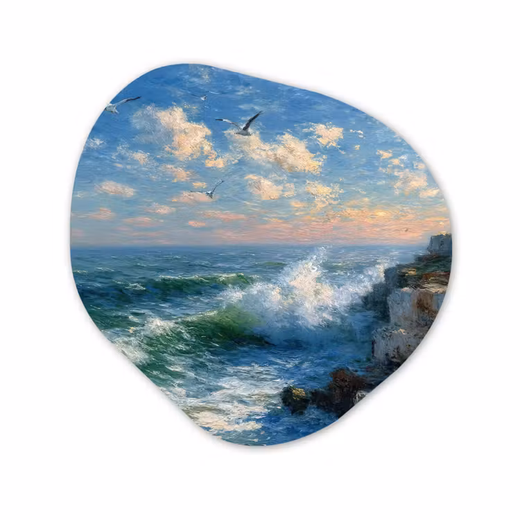 Organisch schilderij - Glas - Zee - Golven - Rotsen - Meeuwen — 1
