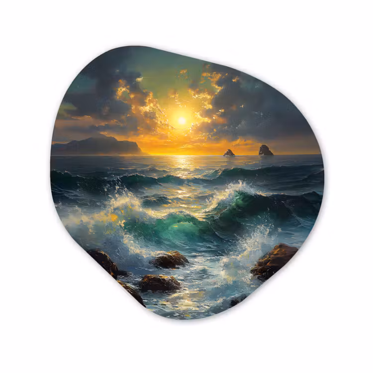 Organisch schilderij - Glas - Zee - Zon - Golven - Rotsen — 1