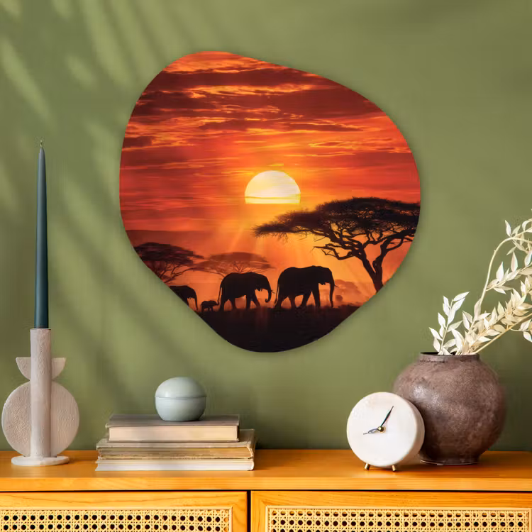Organisch schilderij - Glas - Savanne - Olifanten - Zonsondergang — 2