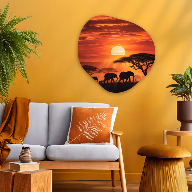 Organisch schilderij - Glas - Savanne - Olifanten - Zonsondergang — 3
