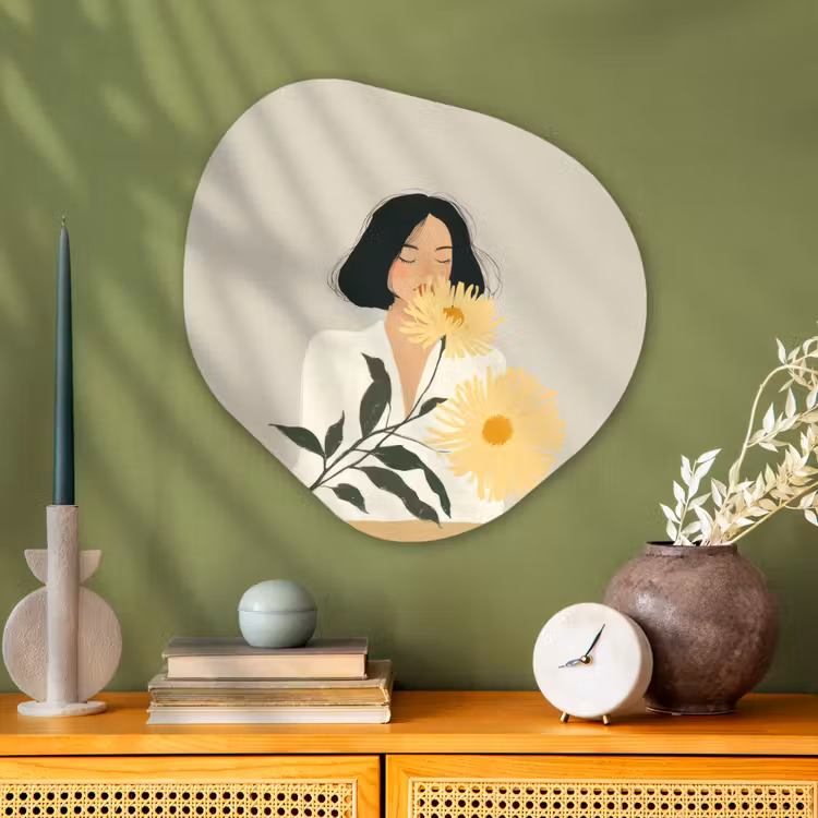 Organisch schilderij - Glas - Vrouw - Bloem - Geel - Minimalistisch — 2