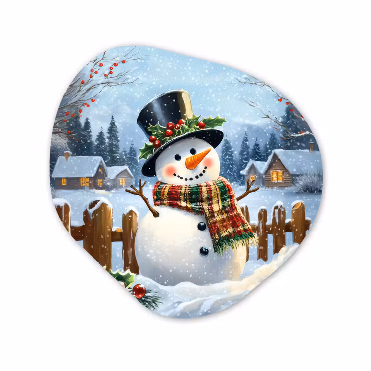 Organisch schilderij - Forex - Sneeuwpop - Winterdorp - Kleurrijk — 1