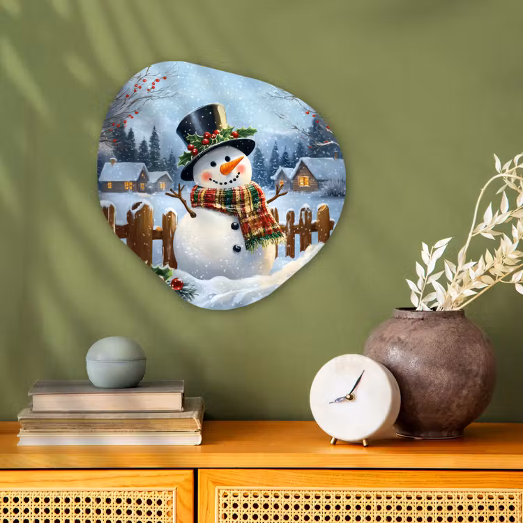 Organisch schilderij - Forex - Sneeuwpop - Winterdorp - Kleurrijk — 2