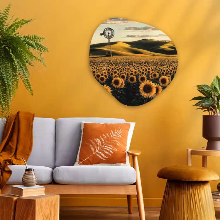 Organisch schilderij - Glas - Zonnebloem - Veld - Windmolen — 3