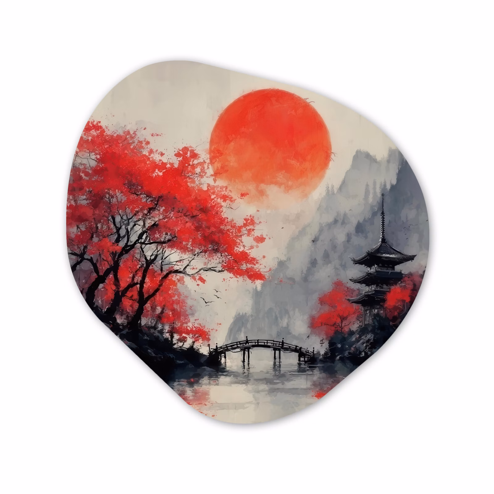 Organisch schilderij - Forex - Rode zon - Rivier - brug - Bomen — 1