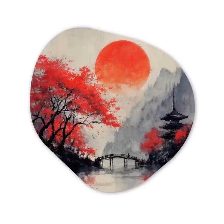 Organisch schilderij - Forex - Rode zon - Rivier - brug - Bomen — 1
