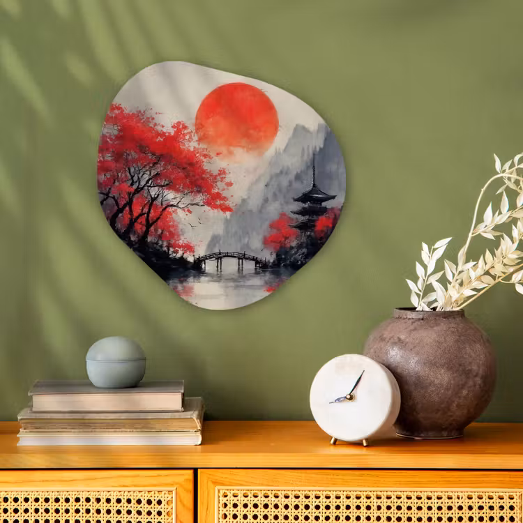 Organisch schilderij - Forex - Rode zon - Rivier - brug - Bomen — 2