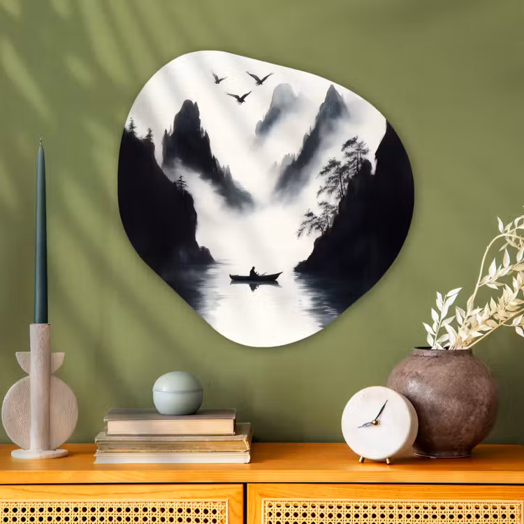 Organisch schilderij - Glas - Roeiboot - Mistig - Bergen - Vogels — 2