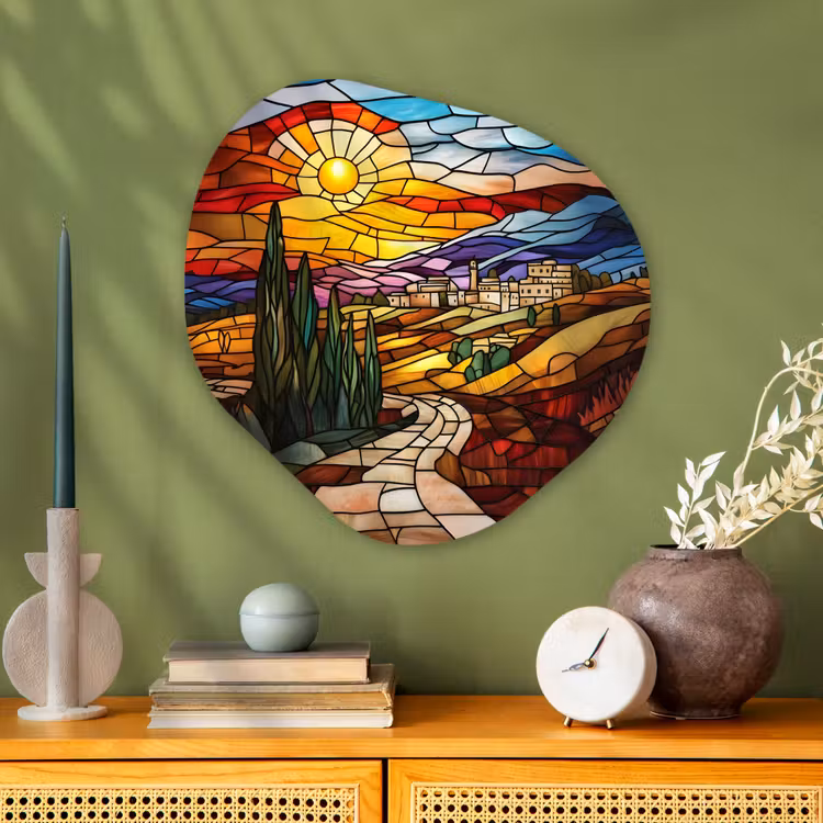 Organisch schilderij - Glas - Mozaïek - Zon - Landschap - Dorp — 2