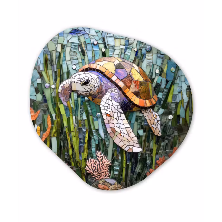 Organisch schilderij - Glas - Schildpad - Zeewier - Mozaïek — 1