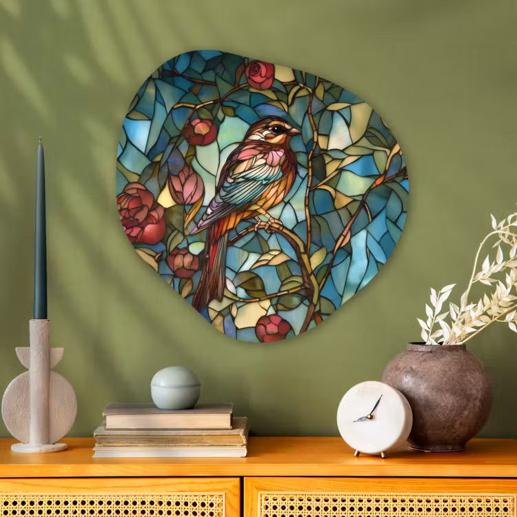 Organisch schilderij - Glas - Vogel - Tak - Rozen - Mozaïek — 2