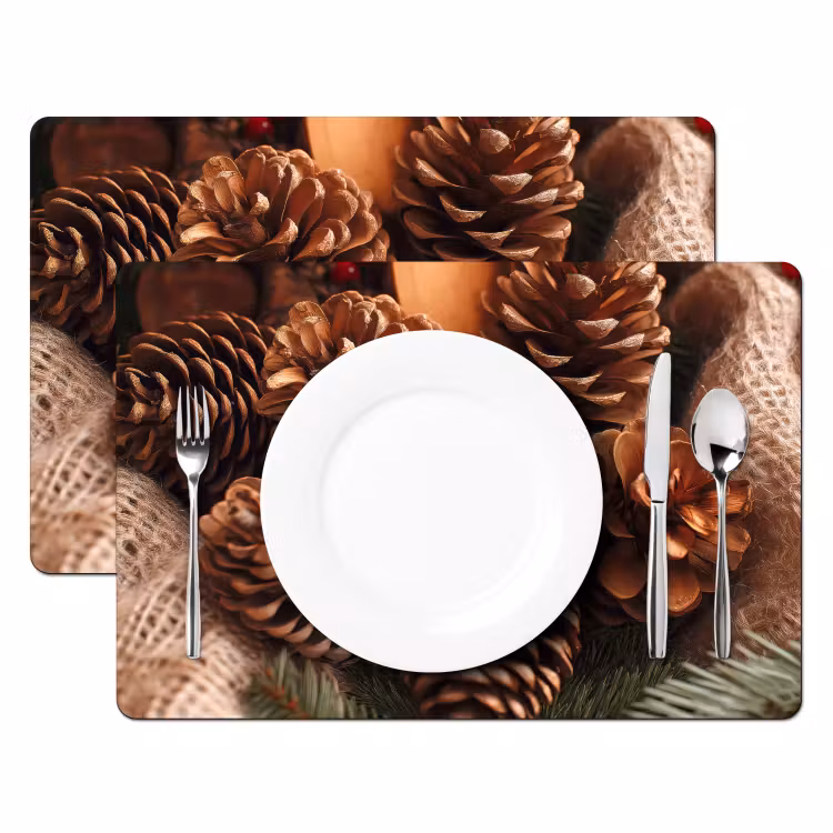 Placemat - 6 stuks - Dennenappels - Boom - Winter - Natuur - Bruin — 2