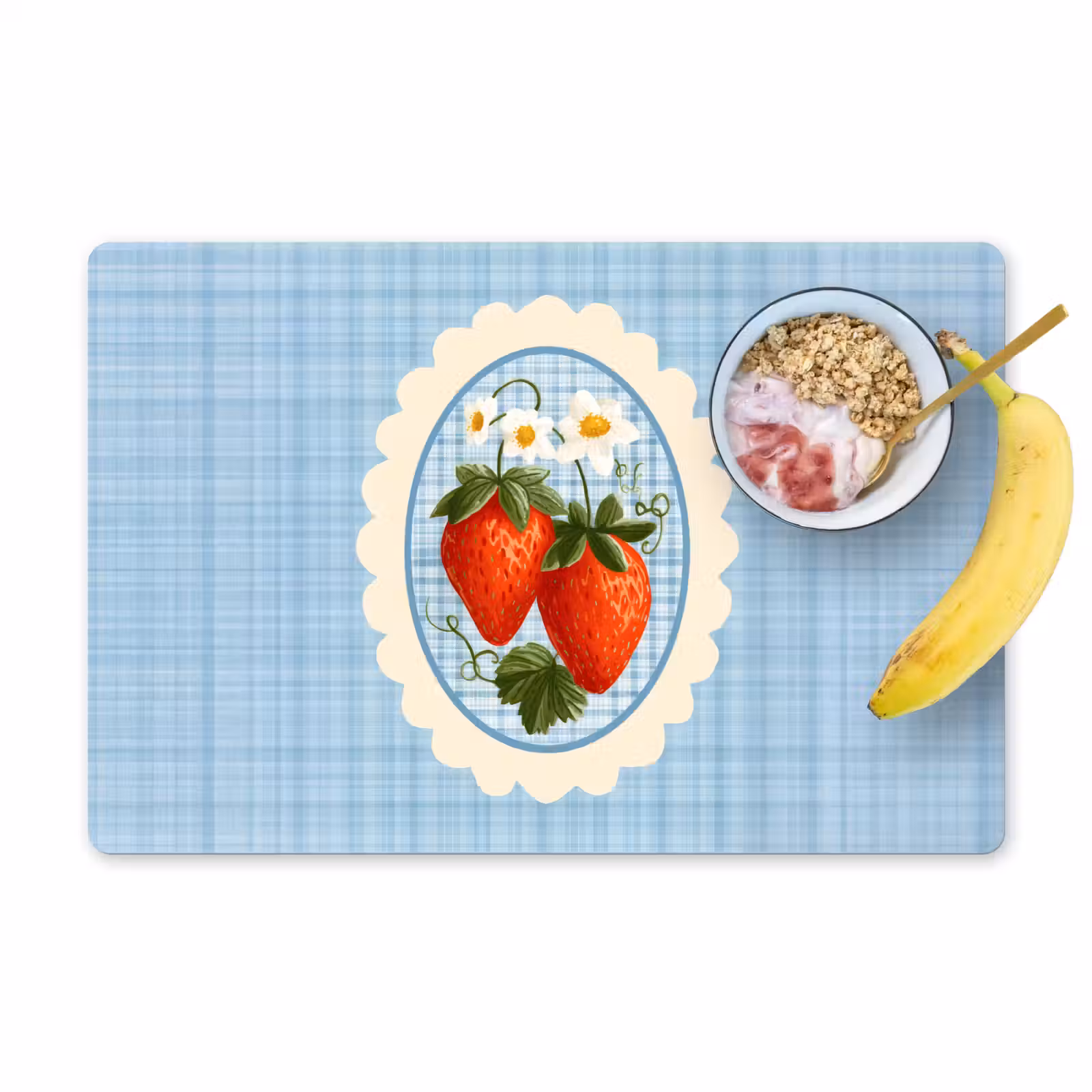 Placemat - 6 stuks - Aardbeien - Lijst - Rood - Geruit — 1