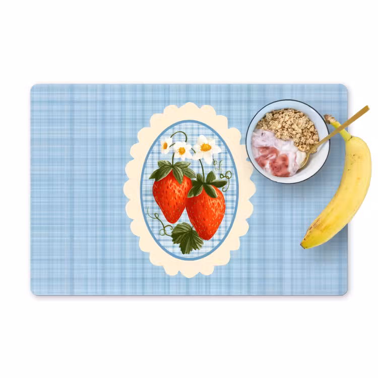 Placemat - 6 stuks - Aardbeien - Lijst - Rood - Geruit — 1
