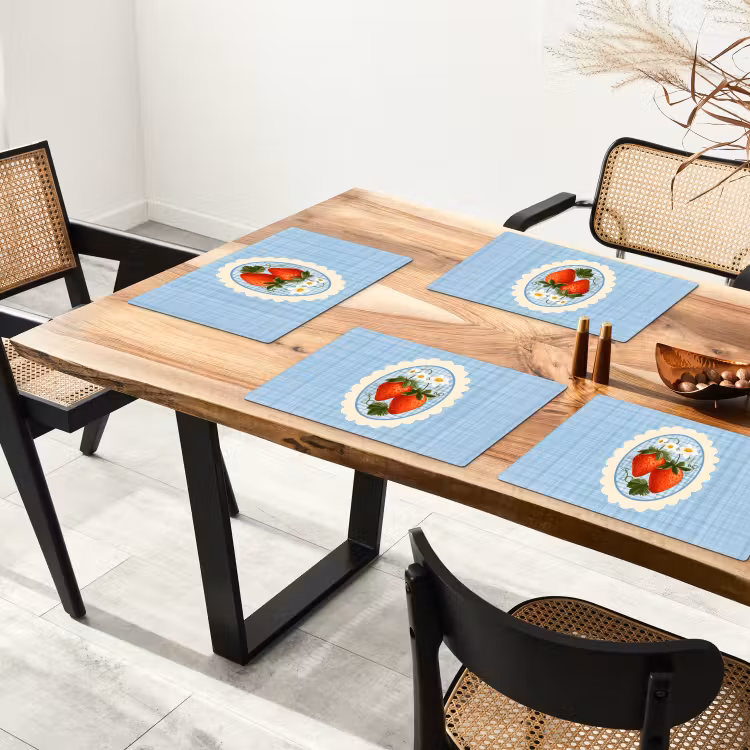 Placemat - 6 stuks - Aardbeien - Lijst - Rood - Geruit — 5