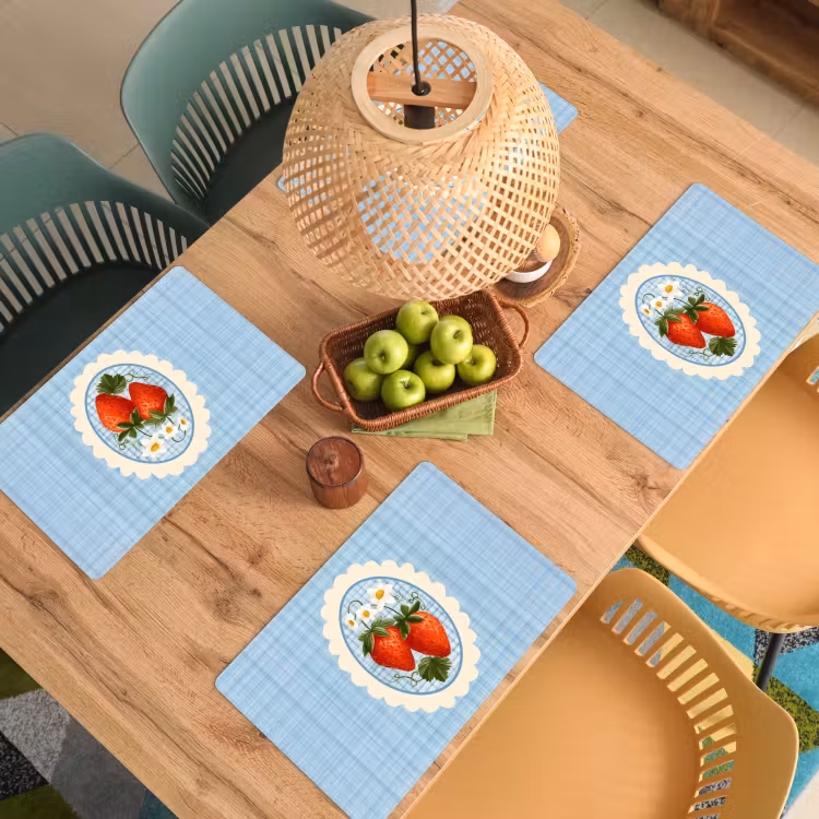 Placemat - 6 stuks - Aardbeien - Lijst - Rood - Geruit — 6