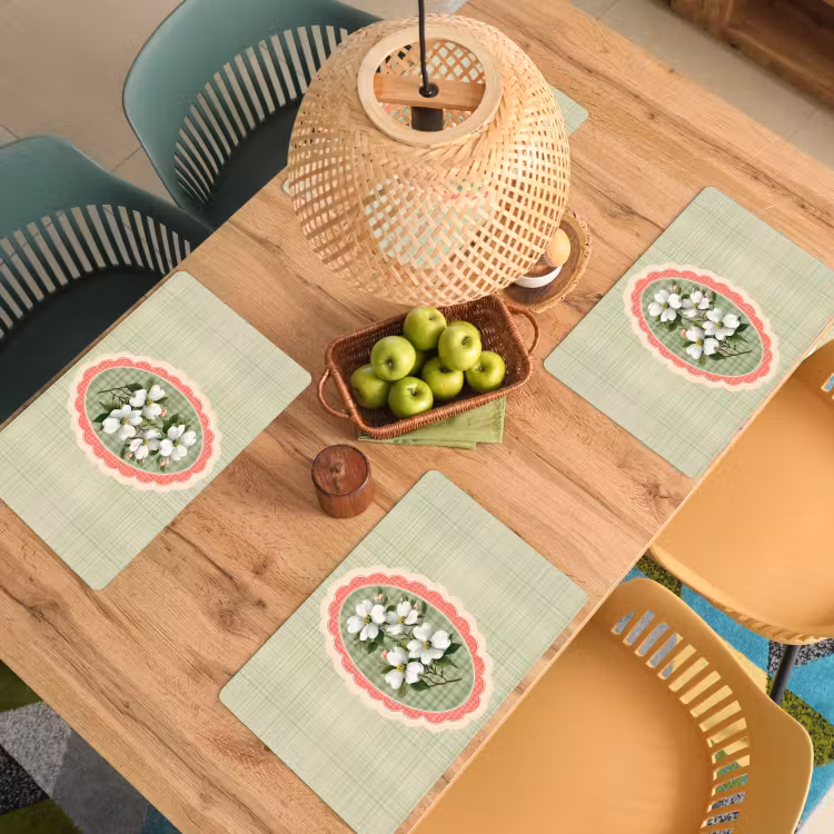 Placemat - 6 stuks - Bloemen - Illustratie - Geruit - Groen — 6