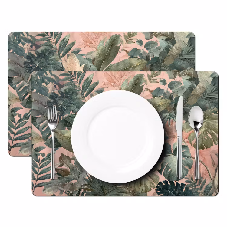 Placemat - 6 stuks - Compositie van bladeren - Groen - Roze — 2