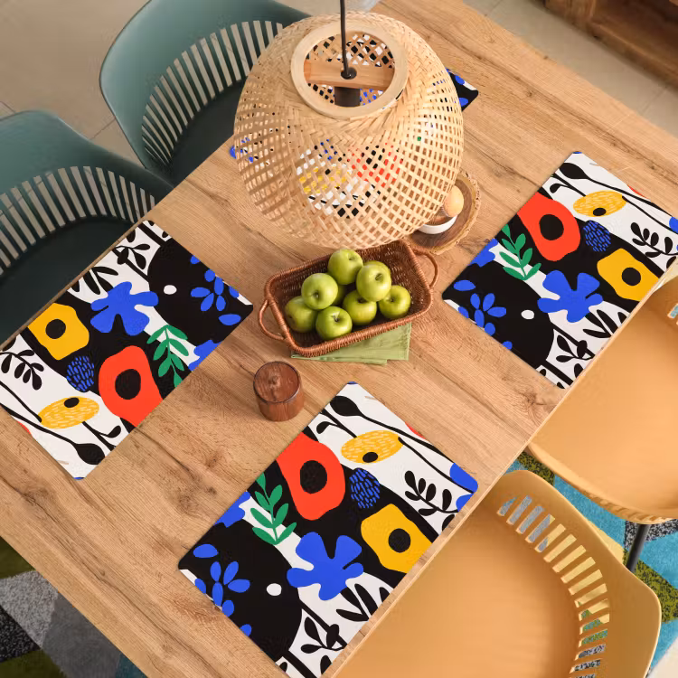 Placemat - 6 stuks - Bloemen - Bladeren - Abstract - Zwart — 6
