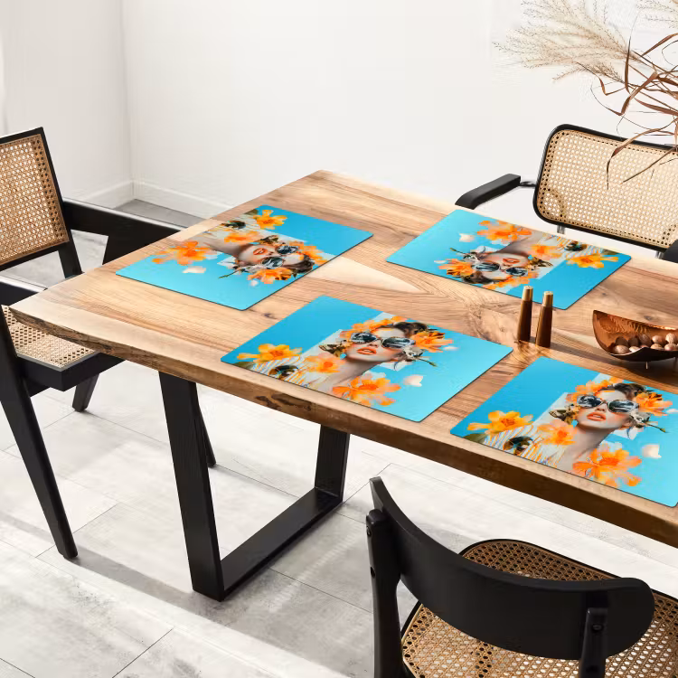 Placemat - 6 stuks - Bloemen - Vrouw - Zonnebril - Blauw — 5