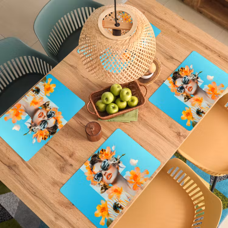Placemat - 6 stuks - Bloemen - Vrouw - Zonnebril - Blauw — 6