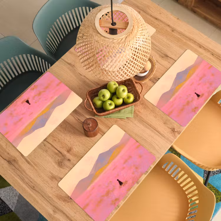Placemat - 6 stuks - Bloemenweide - Heuvels - Silhouet - Roze — 6
