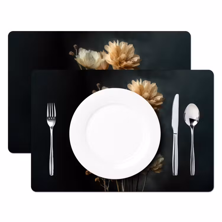 Placemat - 6 stuks - Boeket - Bloemen - Licht - Zwart — 2