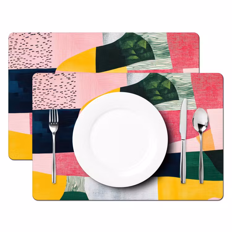 Placemat - 6 stuks - Abstract - Roze - Lappen - Vormen - Geel — 2
