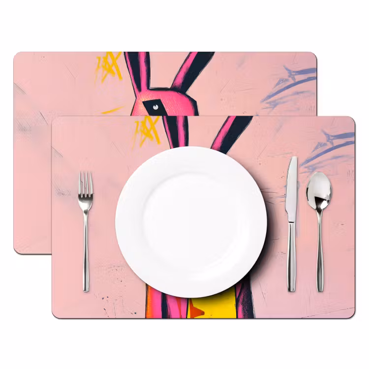 Placemat - 6 stuks - Abstract - Konijn - Sjaal - Geel — 2