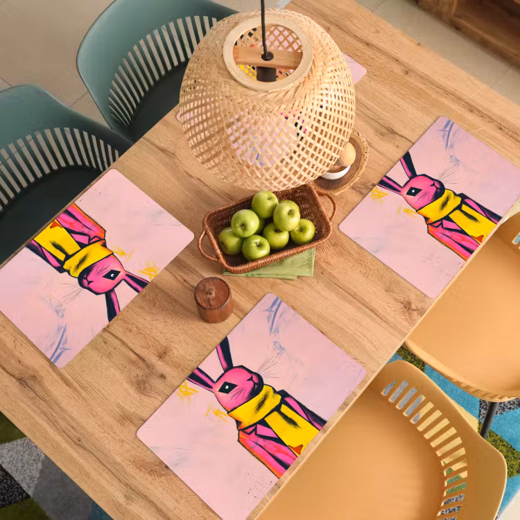 Placemat - 6 stuks - Abstract - Konijn - Sjaal - Geel — 6