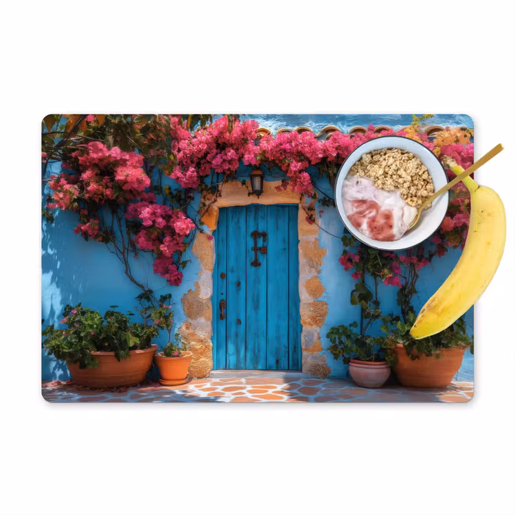 Placemat - 6 stuks - Deur - Hout - Bloemen - Blauw — 1