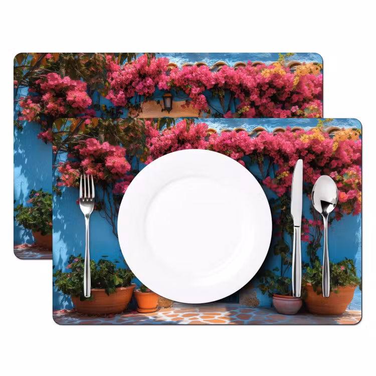 Placemat - 6 stuks - Deur - Hout - Bloemen - Blauw — 2